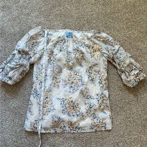 CeCe Eyelet Lined White Floral 3/4 Sleeve Top with Ruffle Arms